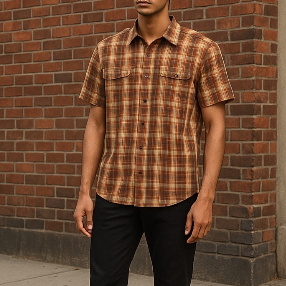 Prana Men’s Short Sleeve Button Up Shirt with Cheat pockets, plaid XLarge